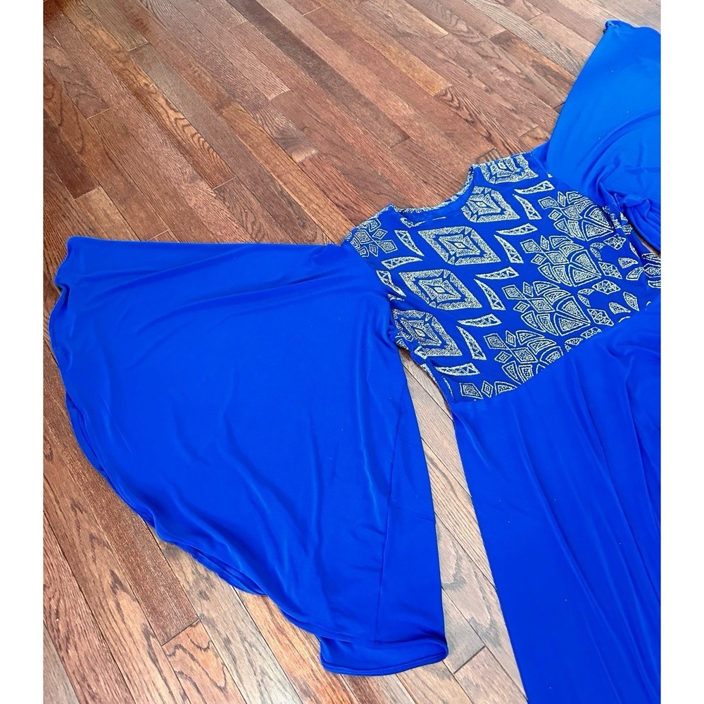 Handmade Bell Sleeve Blue Gold Glitter Unique Pattern Formal Gown Dress - Picture 12 of 12